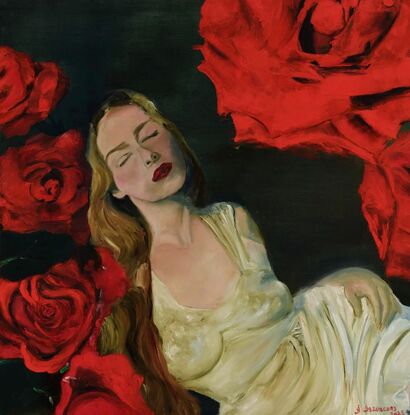 Ophelia in a dark garden of red roses - a Paint Artowrk by Anna Liakhovskaia